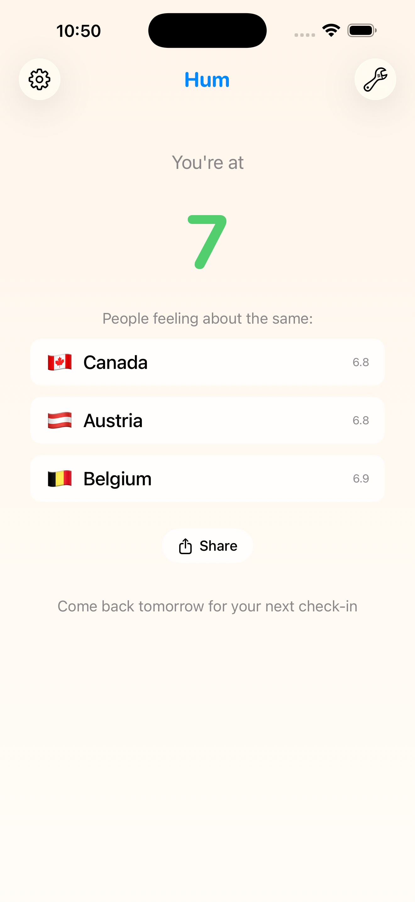 The Hum app showing a score of 7, with Canada, Austria, and Belgium feeling about the same